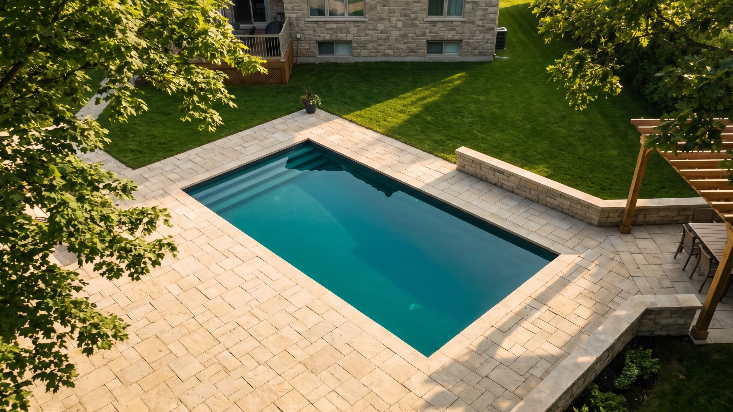 Installation de piscine creusée à Aylmer par Paysagement Pierre Perrier. vue drone du patio et piscine