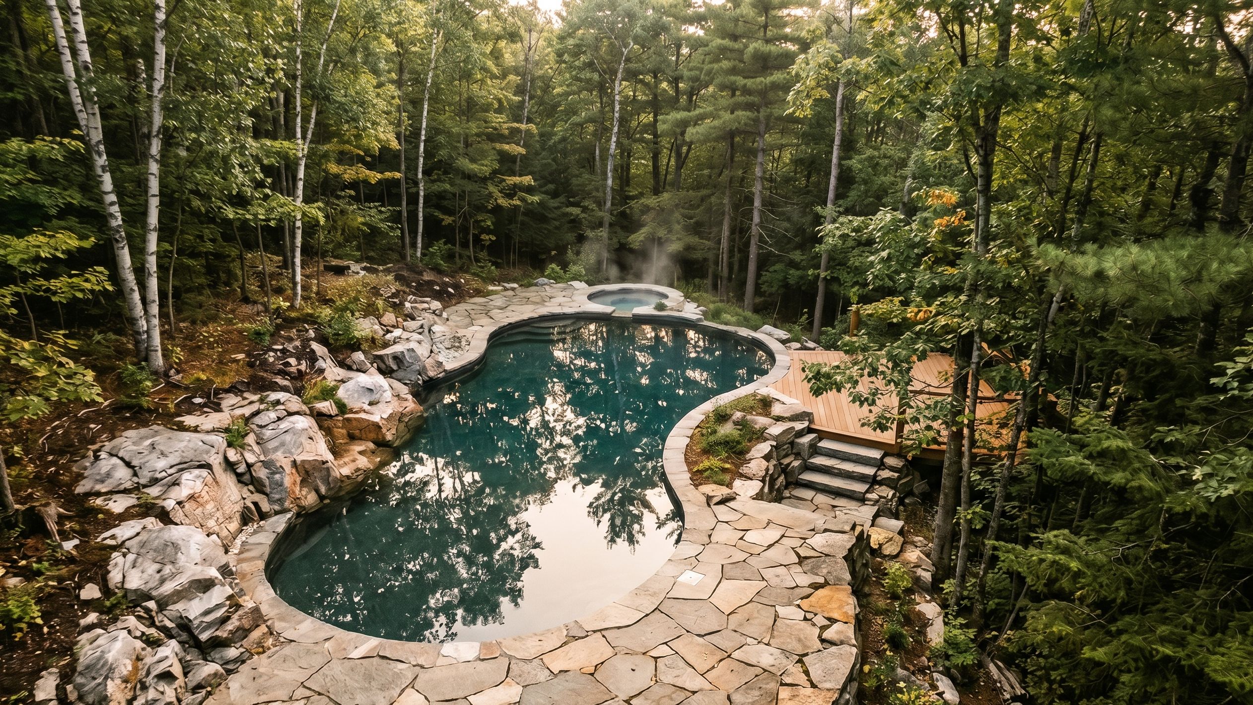 Piscine creusée installée à Chelsea en terrain boisé. terrasse et pergola par Paysagement Pierre Perrier