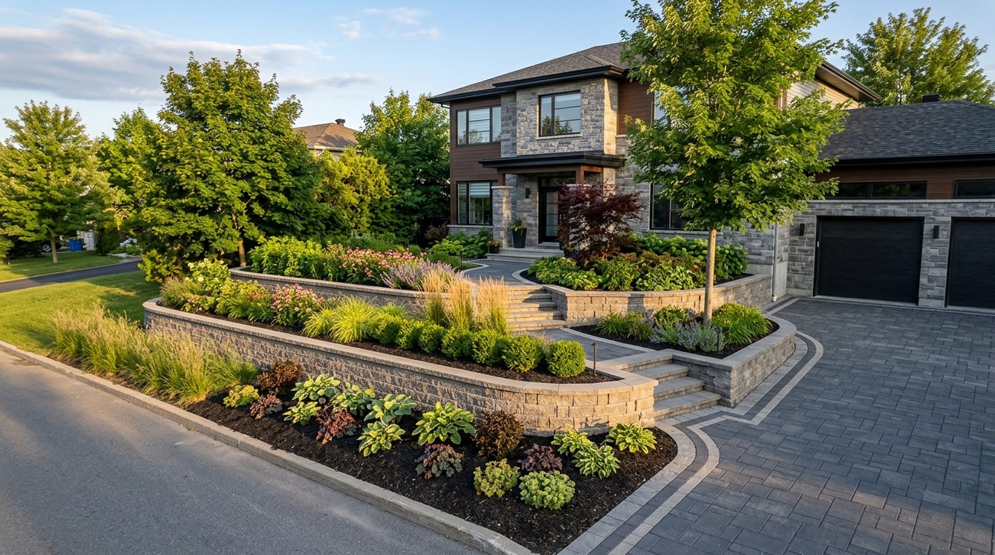 Muret de soutènement résidentiel en blocs architecturaux à Aylmer par Paysagement Pierre Perrier