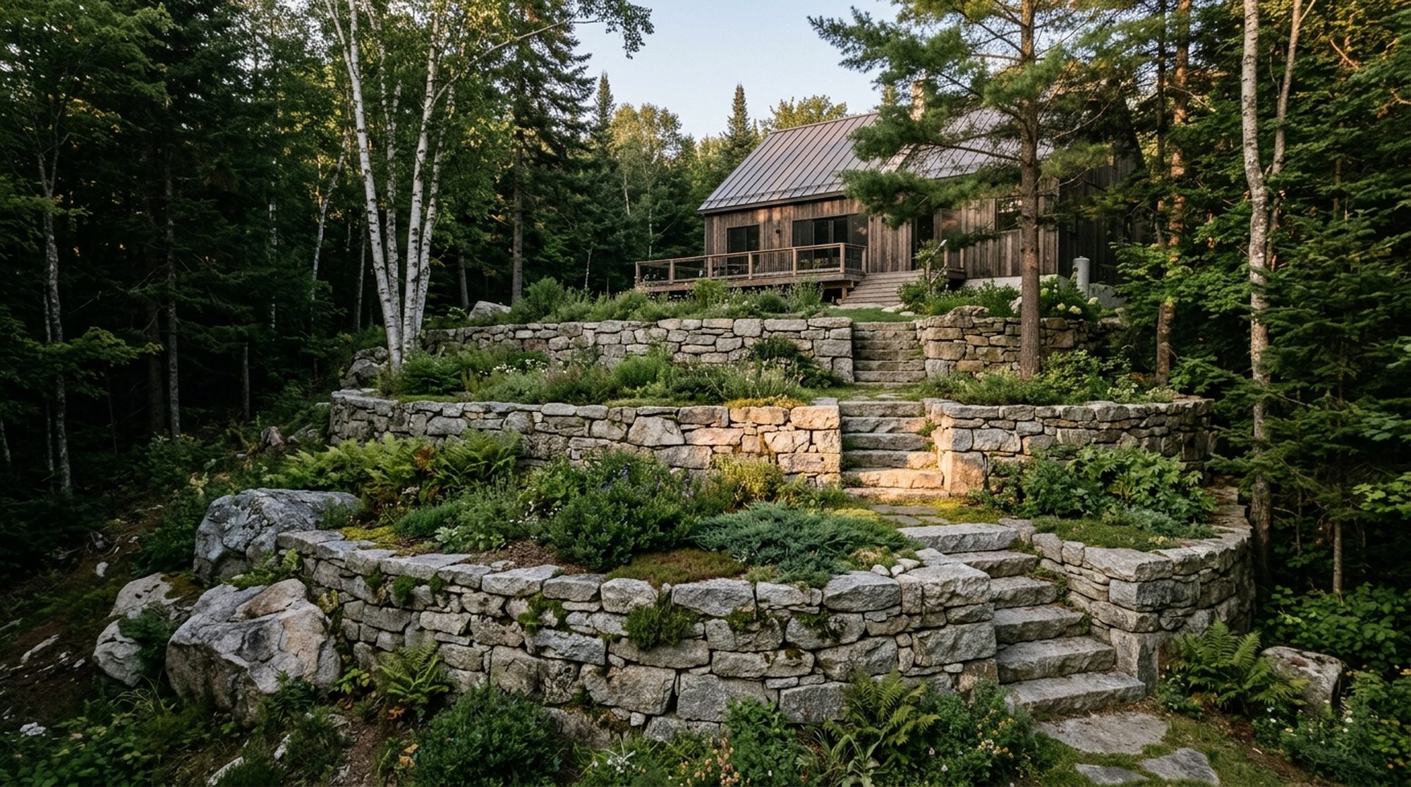 Muret de soutènement en pierre naturelle sur terrain rocheux à Val-des-Monts par Paysagement Pierre Perrier